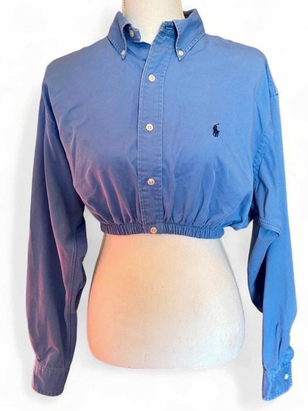 UO Urban Renewal Reworked Blue Ralph Lauren Cropped Button Down Size M
